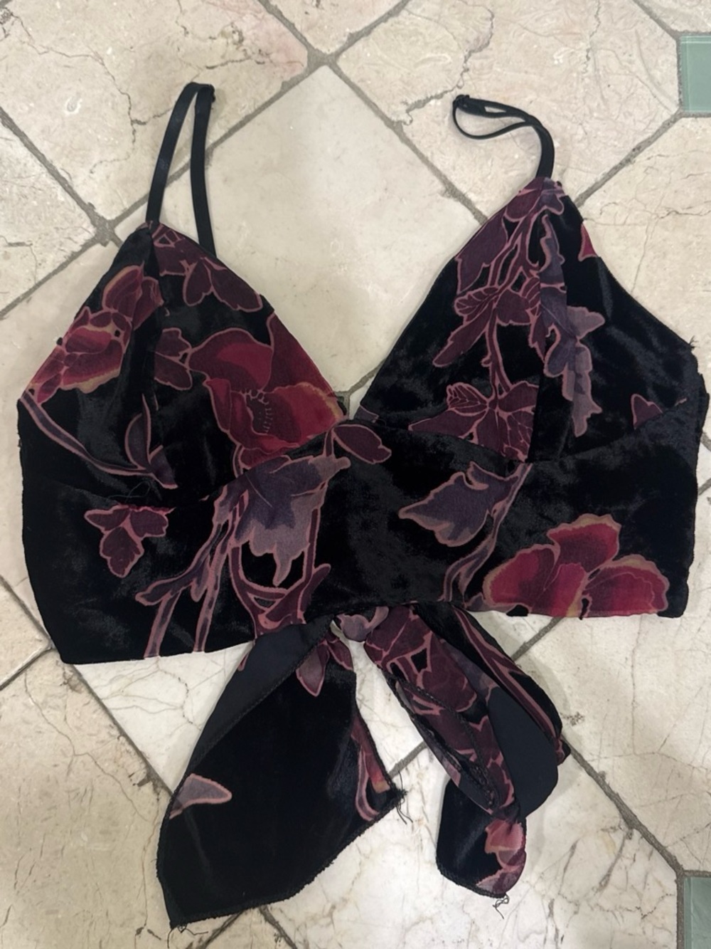 Reverse Black Velvet Floral Tie-Front Camisole